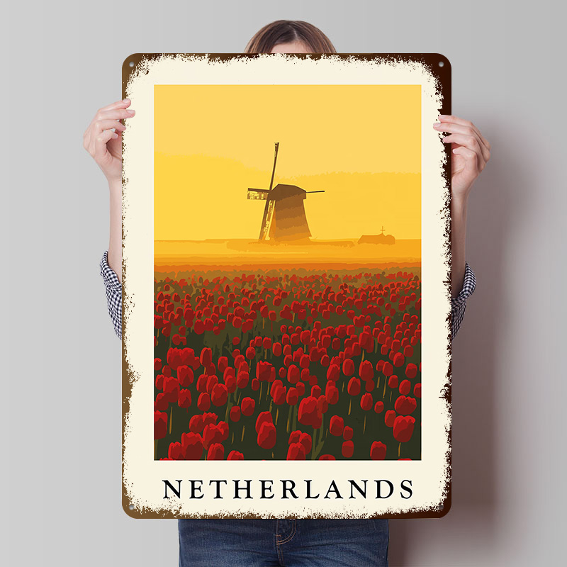 Home Decor Netherlands - Netherlands Windmill and Tulips Print Printed
