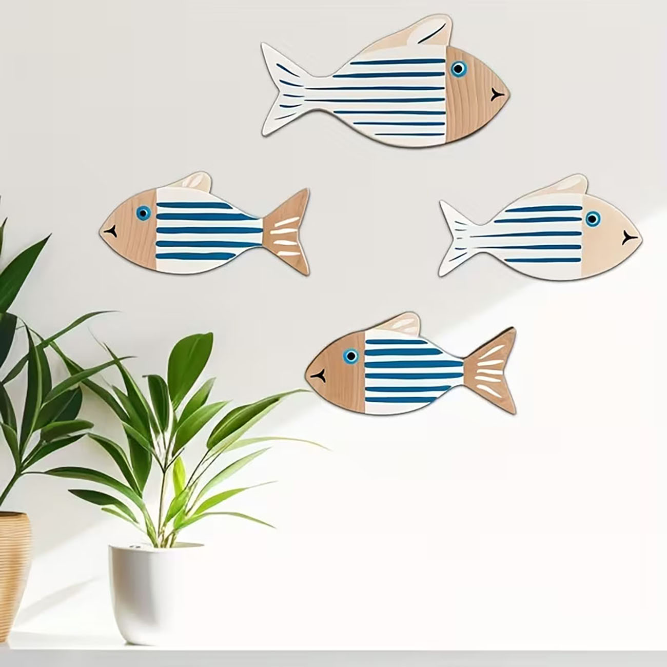 4 Pcs Wooden Striped Fish Wall - đánh giá và giá Home Decor Nautical