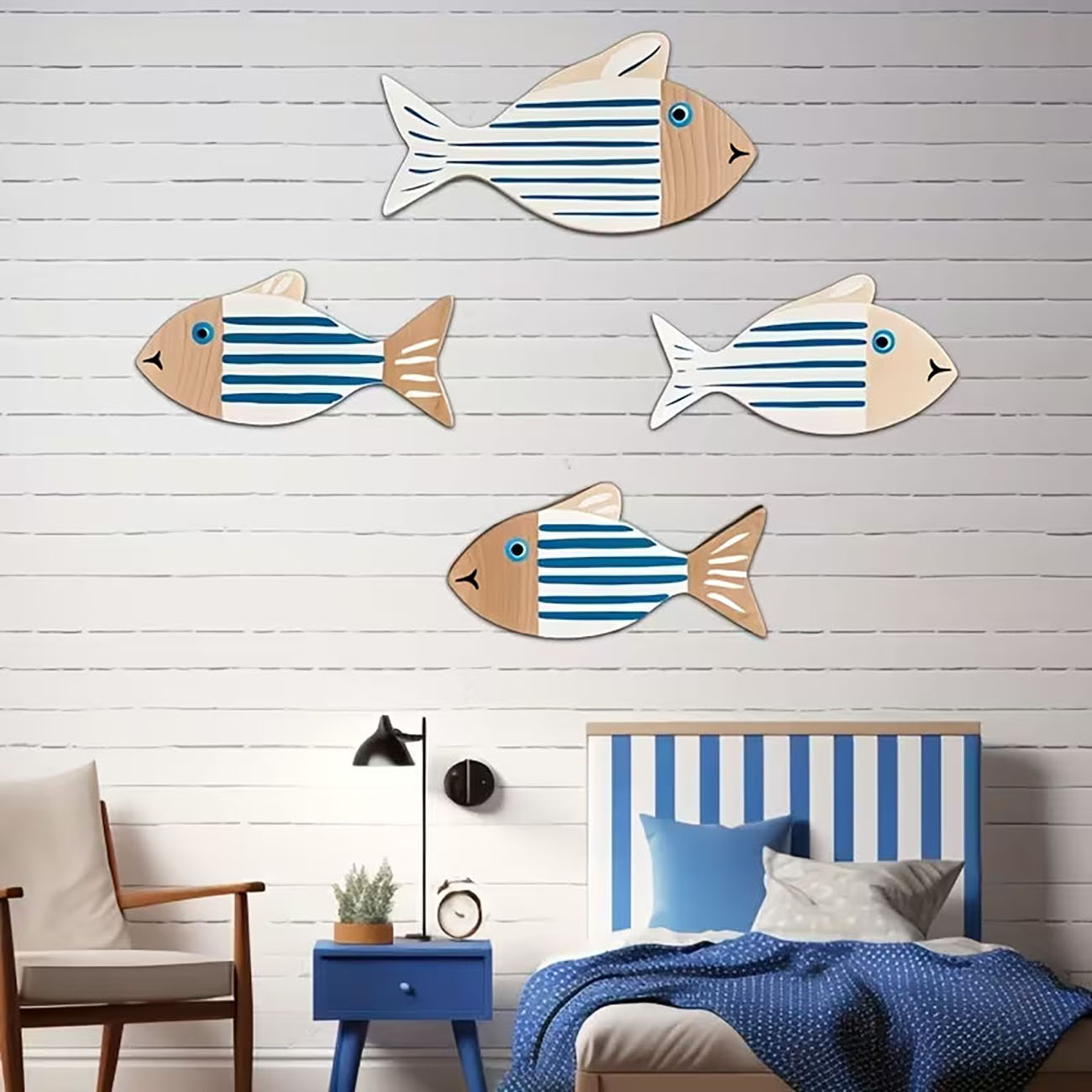 4 Pcs Wooden Striped Fish Wall - đánh giá và giá Home Decor Nautical